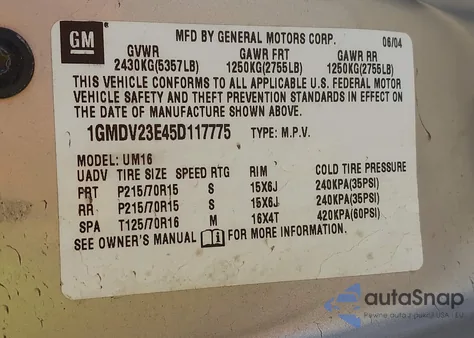 2005 Pontiac Montana M16 W/1Sa Pkg. from USA, damaged, VIN 1GMDV23E45D117775